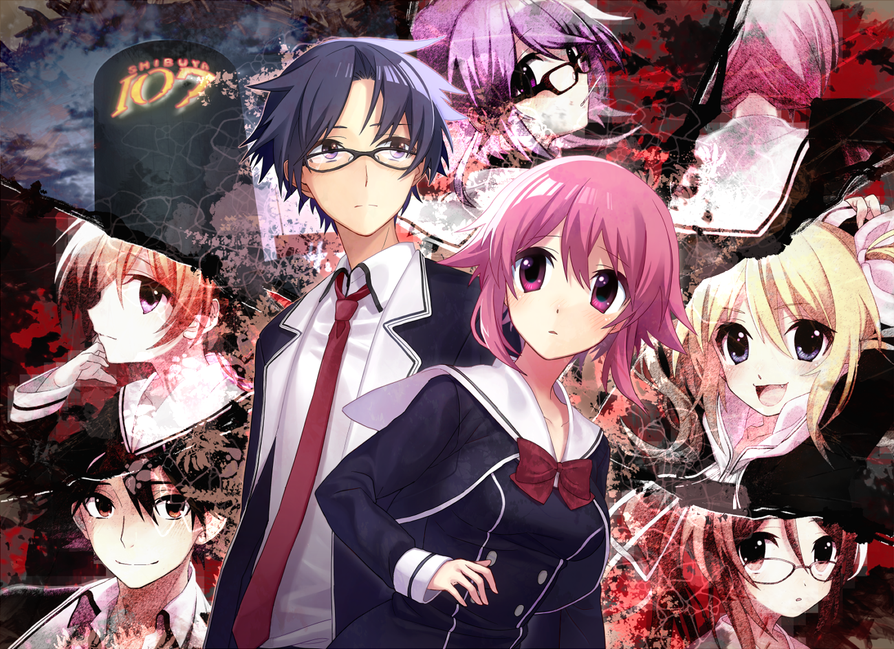 wada chiyon, arimura hinae, kazuki hana, kurusu nono, minamisawa senri, miyashiro takuru, onoe serika, yamazoe uki, chaos;child, science adventure, shiny eyes, 2boys, 6+girls, :d, :o, arms up, asymmetrical sidelocks, belt, belt buckle, black jacket, black pants, black pantyhose, blonde hair, blue eyes, blue hair, blush, bow, breast pocket, breasts, brown eyes, brown hair, buckle, buttons, cardigan, chest bow, collarbone, collared shirt, confused, copyright name, cropped jacket, double-breasted, dress, dress shirt, dress vest, fang, flat chest, from behind, glasses, hair ribbon, happy, hekiho academy school uniform, high collar, itou shinji (chaos;child), jacket, lapels, long hair, long sleeves, looking at viewer, looking back, loose necktie, low twintails, medium breasts, miniskirt, multiple boys, multiple girls, nape, necktie, no jacket, notched lapels, one side up, open clothes, open collar, open jacket, open mouth, panties, pants, pantyhose, pectorals, pink eyes, pink hair, pocket, pulling own clothes, purple eyes, red bow, red eyes, red necktie, red ribbon, ribbon, sailor collar, school uniform, serious, shibuya 109, shiny clothes, shiny legwear, shirt, short hair, short hair with long locks, skirt, small breasts, smile, tongue, twintails, two side up, underwear, very long hair, white belt, white hood, white panties, white ribbon, white sailor collar, white shirt, yellow cardigan