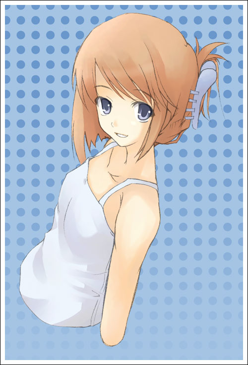 nakamura kusata, komaki manaka, to heart (series), to heart 2, 00s, 1girl, bare arms, bare shoulders, blue eyes, camisole, female focus, folded ponytail, hair ornament, hairclip, orange hair, polka dot, short hair, simple background, sleeveless, smile, solo
