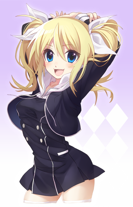 wada chiyon, arimura hinae, chaos;child, science adventure, shiny eyes, 1girl, :d, arms up, black jacket, blonde hair, blue eyes, blush, breasts, buttons, collarbone, cropped jacket, double-breasted, dress vest, fang, happy, hekiho academy school uniform, jacket, long sleeves, miniskirt, open mouth, school uniform, skirt, small breasts, smile, thighhighs, tongue, two side up, white hood, white thighhighs