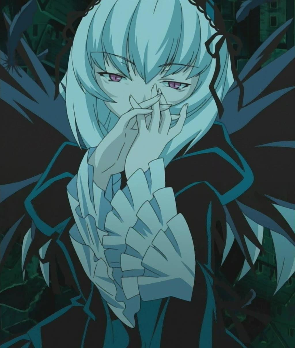 suigintou, rozen maiden, anime screenshot, highres, 00s, 1girl, feathers, female focus, long sleeves, pale skin, pink eyes, solo, wings