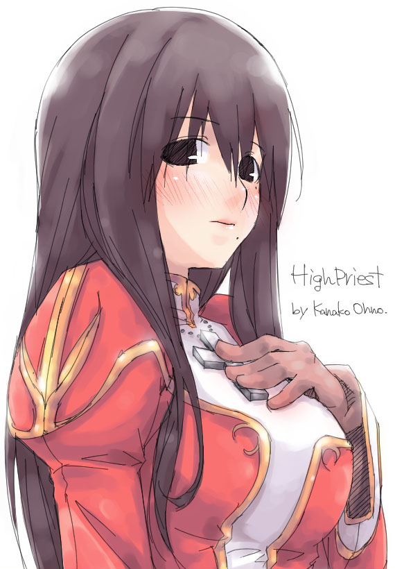 kyo (kuroichigo), high priest (ragnarok online), oono kanako, genshiken, ragnarok online, 1girl, black eyes, black hair, blush, breasts, cosplay, cross, crossover, female focus, juliet sleeves, latin cross, long hair, long sleeves, mole, mole under eye, mole under mouth, parody, priestess, puffy sleeves, simple background, solo