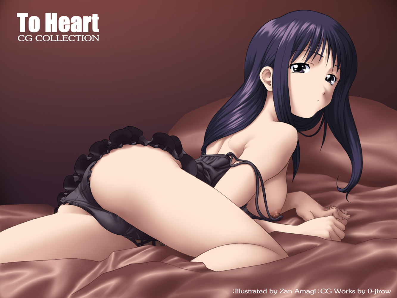 circle garyuu, kurusugawa serika, to heart, to heart (series), third-party source, 1girl, ass, black panties, blue eyes, blue hair, breasts, camisole, female focus, lingerie, long hair, looking back, lying, matching hair/eyes, medium breasts, nipples, on stomach, panties, solo, strap slip, underwear