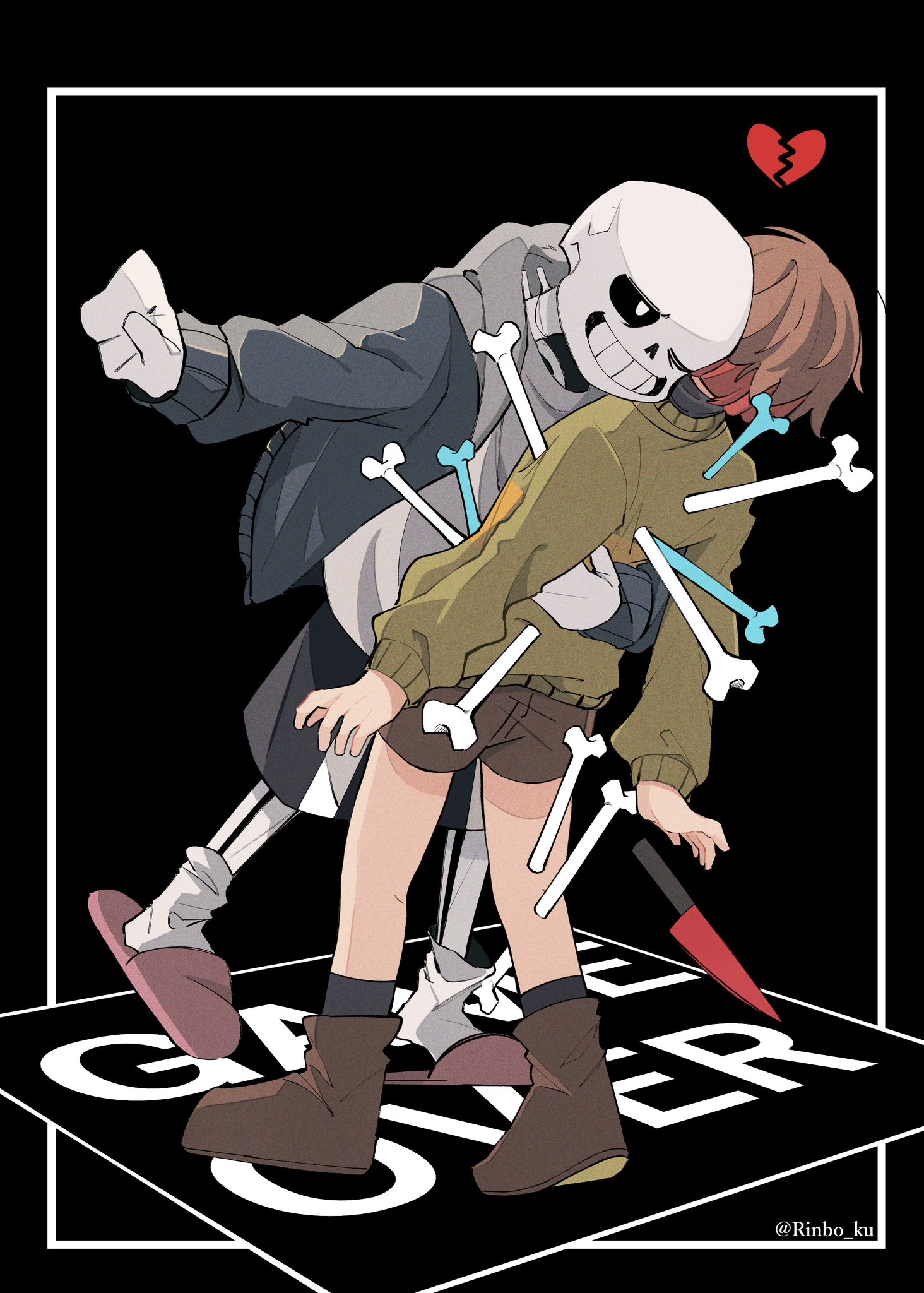 chara (undertale), sans (undertale), undertale, utdr (toby fox), highres, 1boy, 1other, back, black background, black shorts, blue jacket, bone, broken heart, brown shoes, brown shorts, full body, green sweater, grin, heart, impaled, jacket, open clothes, open jacket, pink slippers, rinbo ku, shirt, shoes, shorts, skeleton, slippers, smile, socks, sweater, teeth, twitter username, white shirt, white socks