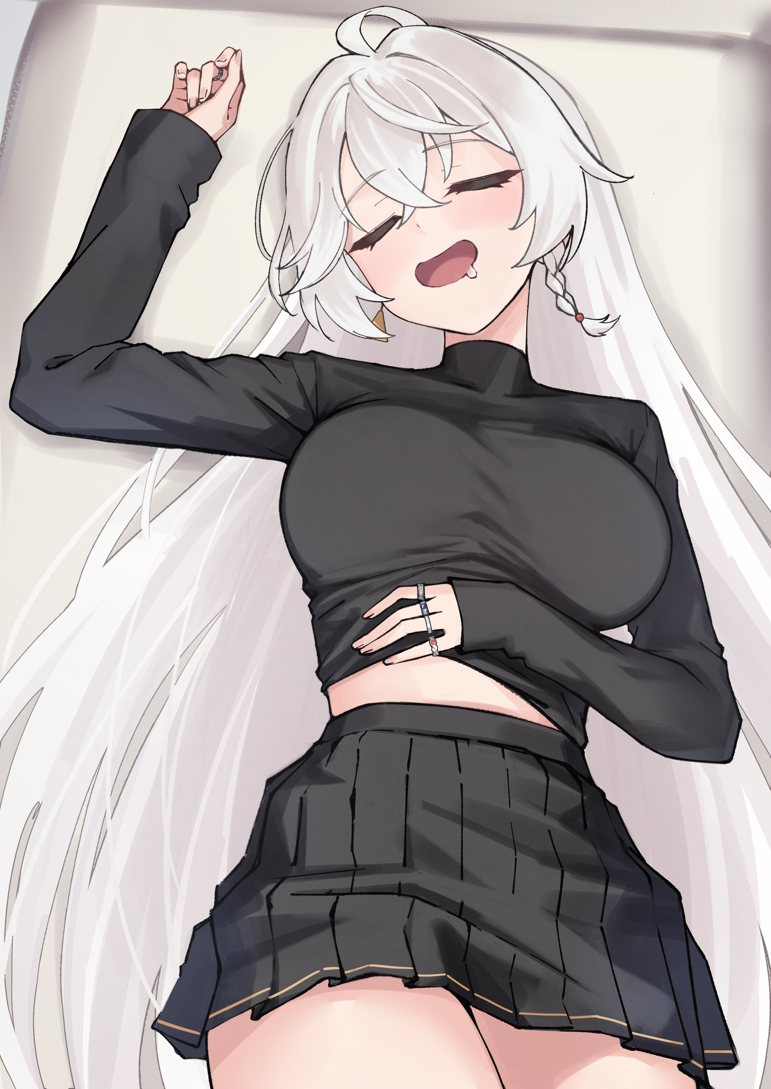 eri (blue archive), blue archive, bow, bowtie, braid, clothes lift, couch, earrings, jewelry, long hair, midriff, open mouth, orange eyes, ring, saliva, skirt, sleeping, sweater, sweater lift, thighs, white hair