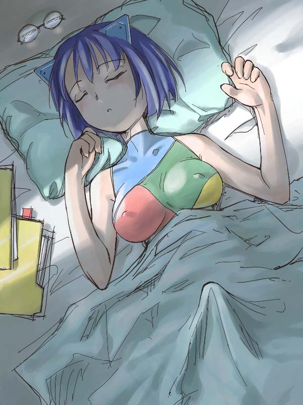 2k-tan, os-tan, 1futa, animal ears, arms up, bare shoulders, bed, bed sheet, blue hair, blush, breasts, breasts apart, bulge, clenched hand, closed eyes, covered erect nipples, dutch angle, erection, erection under blanket, erection under clothes, fingernails, folder, from above, futanari, glasses, hair ornament, halterneck, implied futanari, impossible clothes, impossible leotard, indoors, large breasts, leotard, light rays, long fingernails, lying, medium breasts, morning wood, mrchamon, no testicles, on back, open mouth, parted lips, pillow, resize, shade, short hair, sketch, skin tight, sleeping, sleeveless, solo, turtleneck, under covers, unworn eyewear