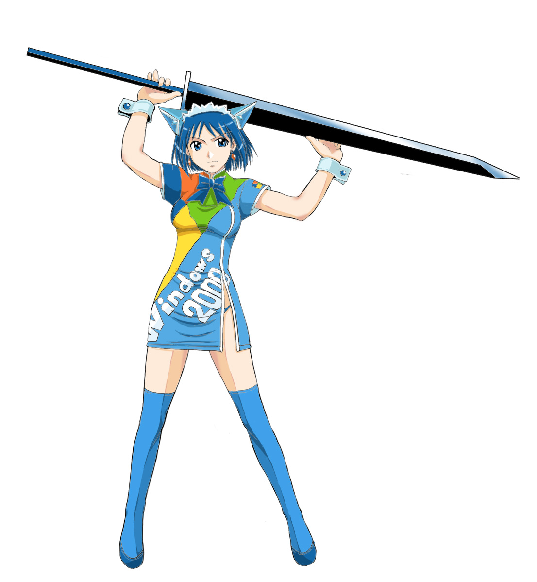 2k-tan, os-tan, 1girl, blue eyes, blue hair, blue thighhighs, breasts, china dress, chinese clothes, dress, earrings, female focus, jewelry, matching hair/eyes, shoes, side slit, simple background, solo, sword, thighhighs, weapon, white background, zettai ryouiki