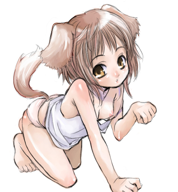 original, 1girl, all fours, animal ears, bare arms, bare shoulders, barefoot, breast slip, breasts, brown hair, camisole, dog ears, dog tail, feet, female focus, flat chest, lingerie, loli, nipple slip, nipples, no bra, no pants, one breast out, panties, paw pose, pink panties, short hair, sleeveless, small breasts, solo, strap slip, tail, toes, underwear, yellow eyes