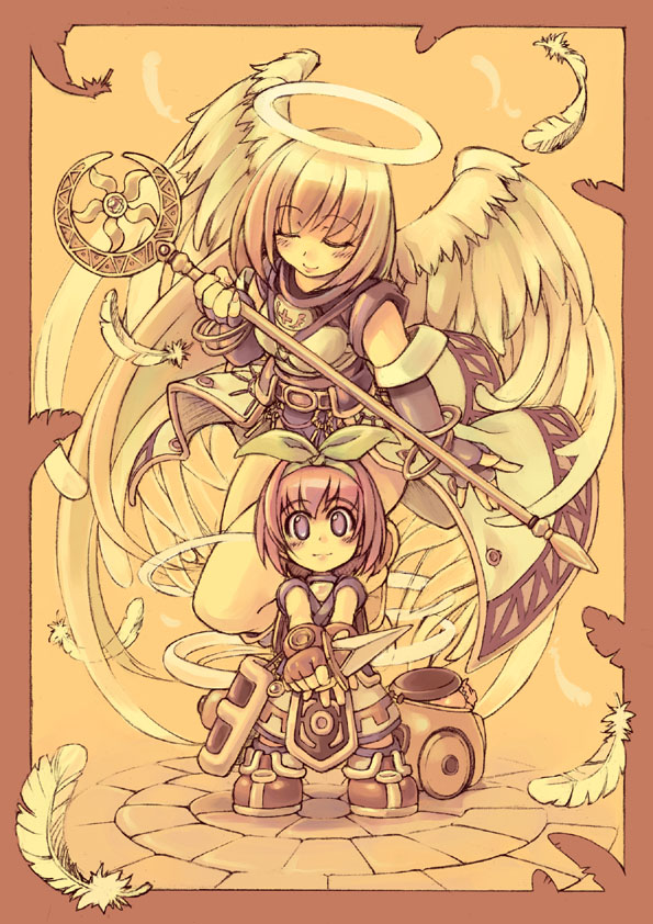 mil (xration), super novice (ragnarok online), ragnarok online, 2girls, angel, angel wings, border, cart, dagger, feathered wings, feathers, guard, halo, holding, holding dagger, holding knife, holding staff, holding weapon, knife, looking at viewer, multiple girls, pale color, ribbon, staff, standing, traditional halo, weapon, wings