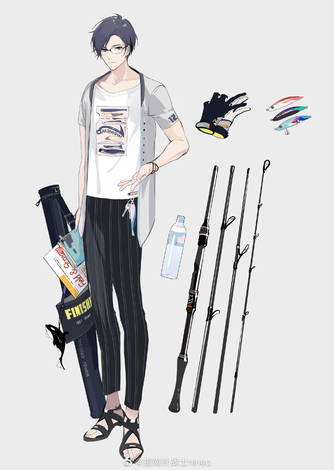 nineo, clarence clayden, lovebrush chronicles, chinese commentary, highres, official art, 1boy, alternate costume, bag, black gloves, black pants, black sandals, blue eyes, blue hair, book, bookmark, bottle, bracelet, charm (object), closed mouth, collarbone, crew neck, curtained hair, fish hook, fishing rod, glasses, gloves, grey background, grey jacket, holding, holding bag, holding book, jacket, jewelry, key, looking at viewer, male focus, mole, mole under eye, open clothes, open hand, open jacket, pants, pinstripe pants, pinstripe pattern, print shirt, sandals, shirt, short-sleeved jacket, short hair, short sleeves, simple background, smile, solo, standing, swept bangs, unworn gloves, water bottle, watermark, weibo watermark, white shirt