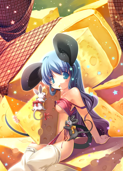 hanpen, original, 1girl, animal ears, breasts, cheese, female focus, food, mini person, minigirl, mouse (animal), mouse ears, small breasts, solo, thighhighs, underboob