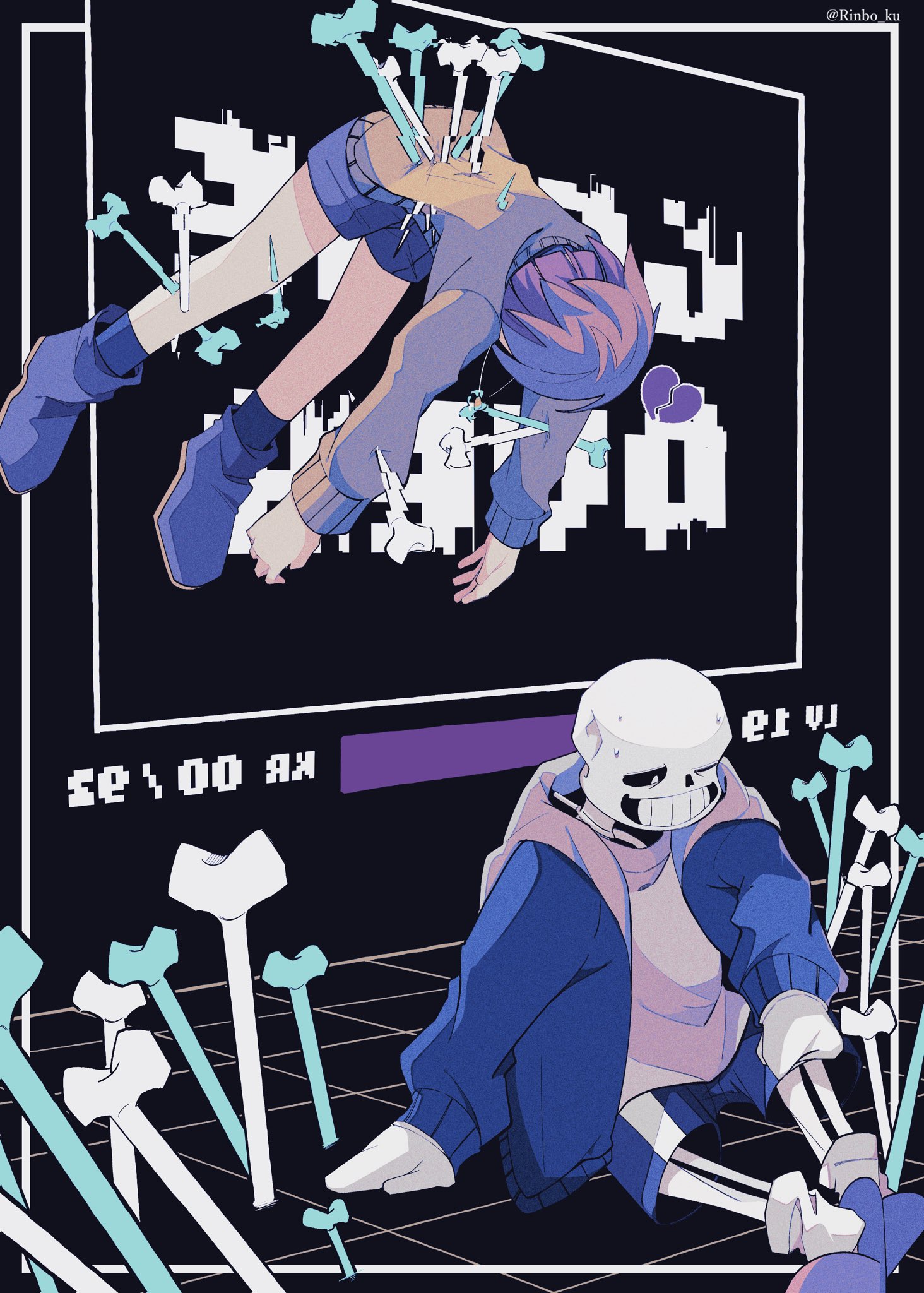 frisk (undertale), sans (undertale), undertale, utdr (toby fox), highres, 1boy, 1other, black shorts, blue jacket, bone, bright pupils, brown hair, gloves, grin, hollow eyes, impaled, jacket, one eye closed, pink slippers, rinbo ku, shirt, short hair, shorts, sitting, slippers, smile, socks, sweat, teeth, white gloves, white pupils, white shirt, white socks