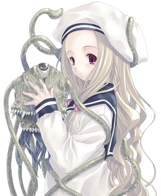 hagure keg, original, 1girl, alien, beret, blonde hair, eyeball, female focus, hat, long hair, long sleeves, monster, sailor, school uniform, serafuku, slime (substance), solo, tentacles, wavy hair