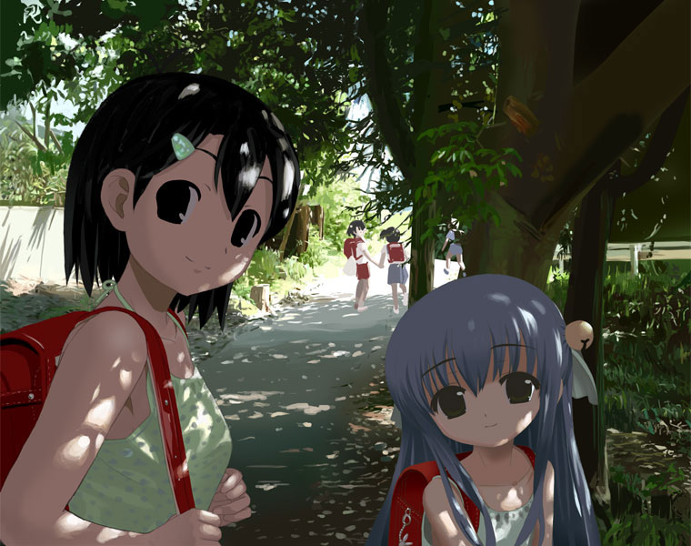 houmitsu, original, 2girls, backpack, bag, bell, dappled sunlight, hair bell, hair ornament, hairclip, holding hands, jingle bell, multiple girls, outdoors, randoseru, school uniform, serafuku, shade, smile, split mouth, sunlight, tree, tree shade