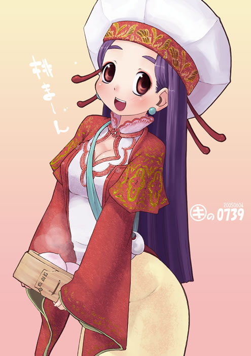 kei jiei, original, 1girl, cleavage cutout, clothing cutout, earrings, female focus, happy, hat, holding, jewelry, long hair, long sleeves, purple hair, red eyes, solo