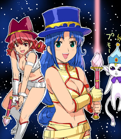 fine (futagohime), kei (dirty pair), rein (futagohime), yuri (dirty pair), dirty pair, fushigiboshi no futago hime, star wars, 1980s (style), lowres, 2girls, breasts, cleavage, cosplay, hat, medium breasts, multiple girls, oldschool, parody, red hair, retro artstyle, top hat