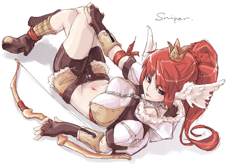 kyo (kuroichigo), sniper (ragnarok online), ragnarok online, sniper, 1girl, bike shorts, black boots, boots, bow (weapon), crown, female focus, fingerless gloves, gloves, hand on own knee, hat, head wings, high heels, lying, marksman, on back, ponytail, red hair, shorts, solo, weapon, wings