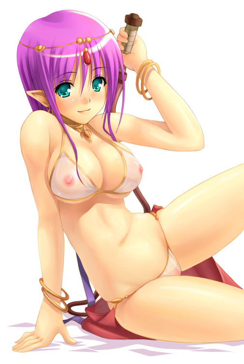 akamaru, dancer (ragnarok online), ragnarok online, 1girl, bikini, breasts, cleavage, covered erect nipples, dancer, elf, female focus, green eyes, jewelry, lots of jewelry, lowleg, lowleg bikini, medium breasts, nipples, pointy ears, purple hair, pussy, see-through clothes, shadow, simple background, solo, string bikini, swimsuit, sword, weapon, whip, white background, white bikini