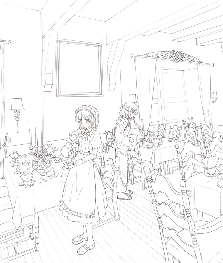 houmitsu, hisui (tsukihime), kohaku (tsukihime), tsukihime, 00s, 2girls, apron, candle, chair, cup, dress, frilled apron, frills, greyscale, half updo, indoors, lineart, maid headdress, monochrome, multiple girls, napkin, shoes, short hair, siblings, sisters, standing, twins, waitress, window
