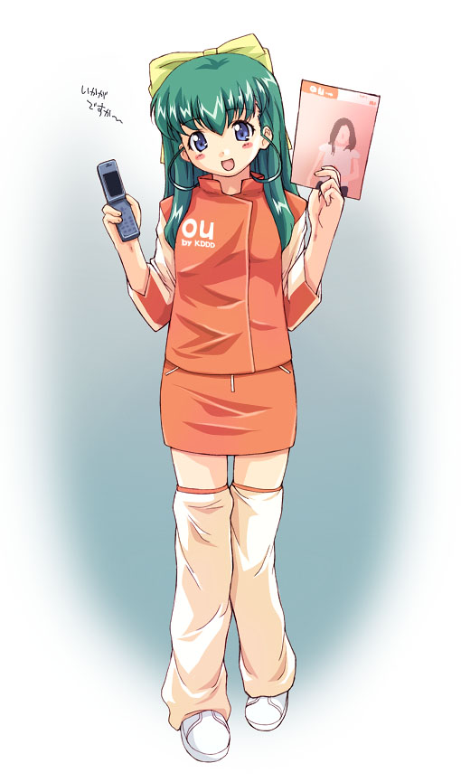 hagiya masakage, onodera karen, onegai twins, translation request, 00s, 1girl, blue eyes, blush, bow, cellphone, female focus, flip phone, gradient background, green hair, leg warmers, long sleeves, loose socks, orange thighhighs, phone, photo (object), shoes, skirt, sneakers, socks, solo, standing, thigh gap, thighhighs, thighs, zettai ryouiki