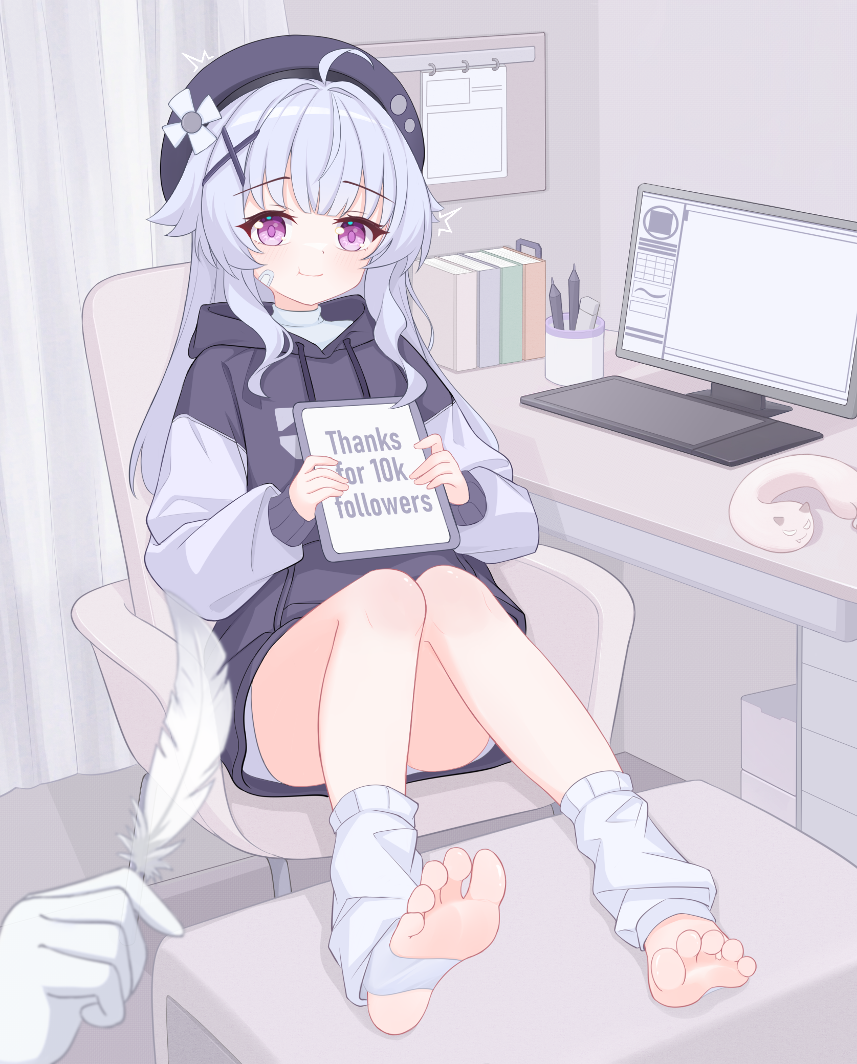 eugenecolin, original, toeless socks, highres, barefoot, between toes, blush, hat, holding with feet, indoors, legs, purple eyes, smile, soles, solo, toes