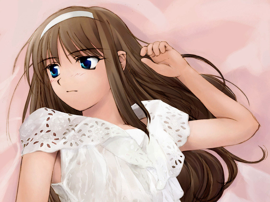 raia (riaoh), tohno akiha, tsukihime, 00s, 1girl, black hair, blue eyes, brown hair, dress, female focus, frilled dress, frills, hairband, long hair, looking to the side, lying, on back, solo, upper body, white dress, white hairband