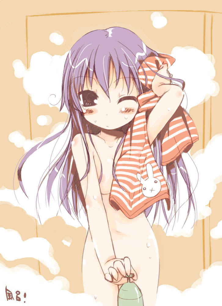 saxyun, original, 1girl, bath, blush, breasts, censored, completely nude, convenient censoring, female focus, long hair, looking at viewer, medium breasts, nude, one eye closed, purple hair, solo, standing, steam, towel