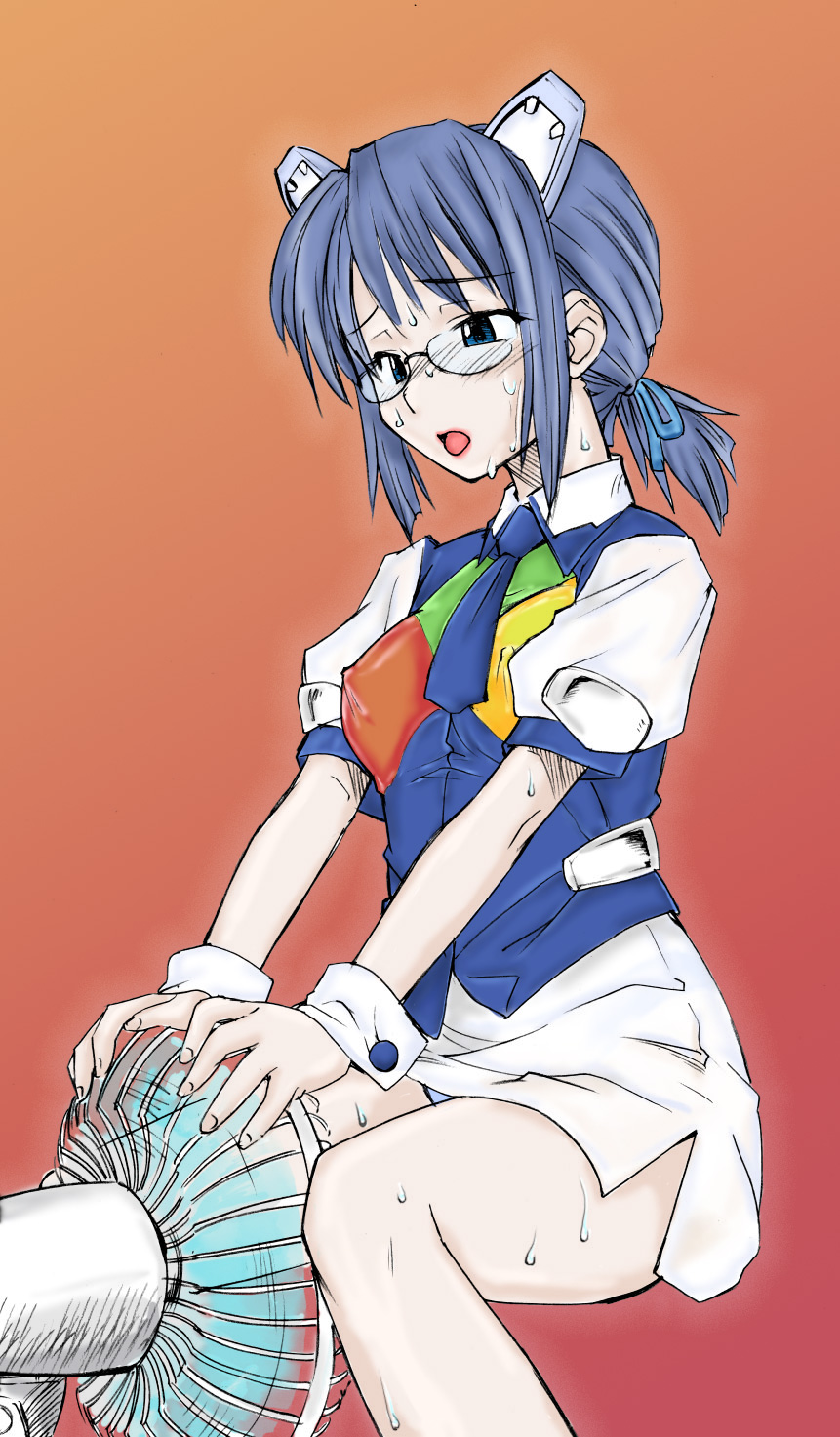 hinemosu notari, 2k-tan, os-tan, highres, 1girl, blue eyes, blue hair, covered erect nipples, cuffs, electric fan, fanning crotch, fanning self, female focus, glasses, gradient background, hair ribbon, matching hair/eyes, miniskirt, necktie, panties, pantyshot, ponytail, ribbon, short hair, simple background, skirt, solo, squatting, sweat, underwear, upskirt