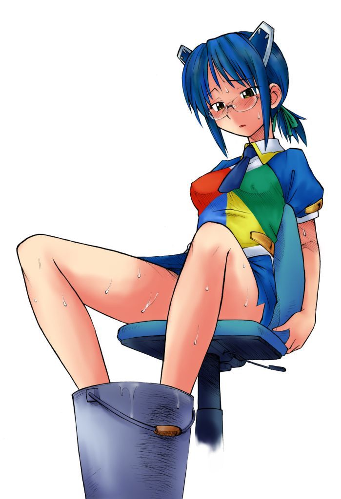 hinemosu notari, 2k-tan, os-tan, 1girl, blue hair, blush, bucket, chair, female focus, glasses, necktie, on chair, ponytail, sitting, solo, sweat, yellow eyes