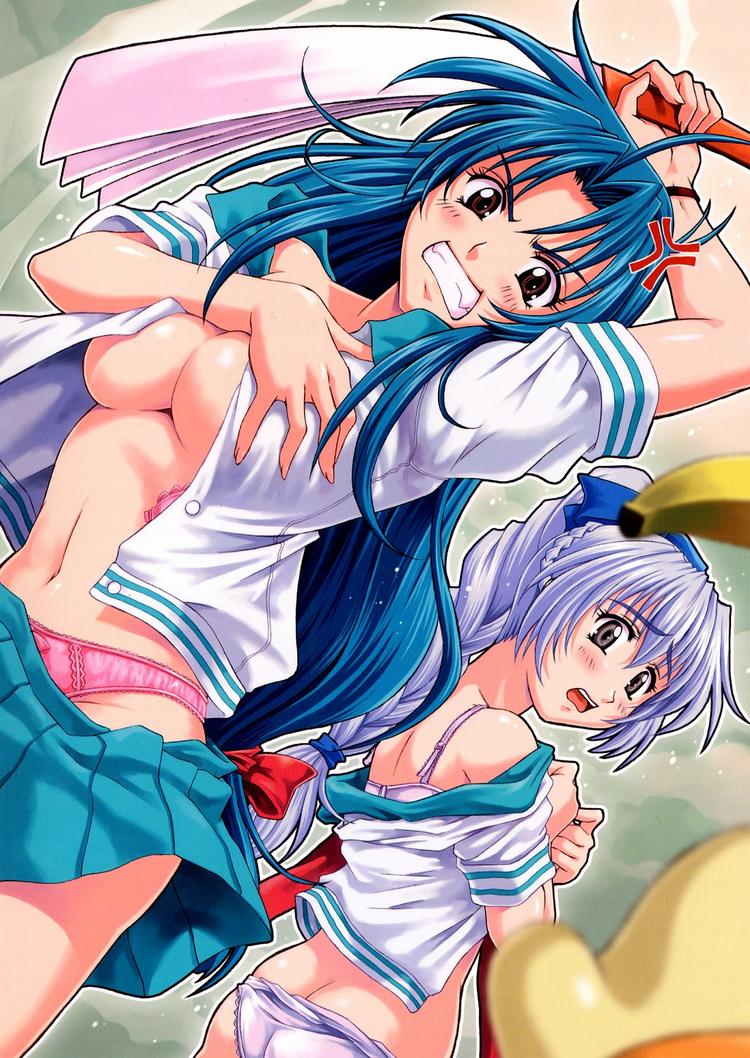 maruto!, chidori kaname, teletha testarossa, full metal panic!, breast hold, 00s, 2girls, angry, blue hair, bow, bow panties, bra, braid, breasts, brown eyes, butt crack, clenched teeth, clothes pull, covering privates, dutch angle, grey eyes, hand fan, harisen, jindai high school uniform, lace, lace-trimmed panties, lace trim, lingerie, long hair, looking at viewer, looking back, low-tied long hair, medium breasts, midriff, multiple girls, navel, no pants, open bra, open clothes, open shirt, open skirt, panties, panty pull, pink bra, pink panties, pleated skirt, ponytail, purple bra, purple panties, school uniform, serafuku, shirt, shirt pull, skirt, skirt pull, standing, teeth, underwear, undressing