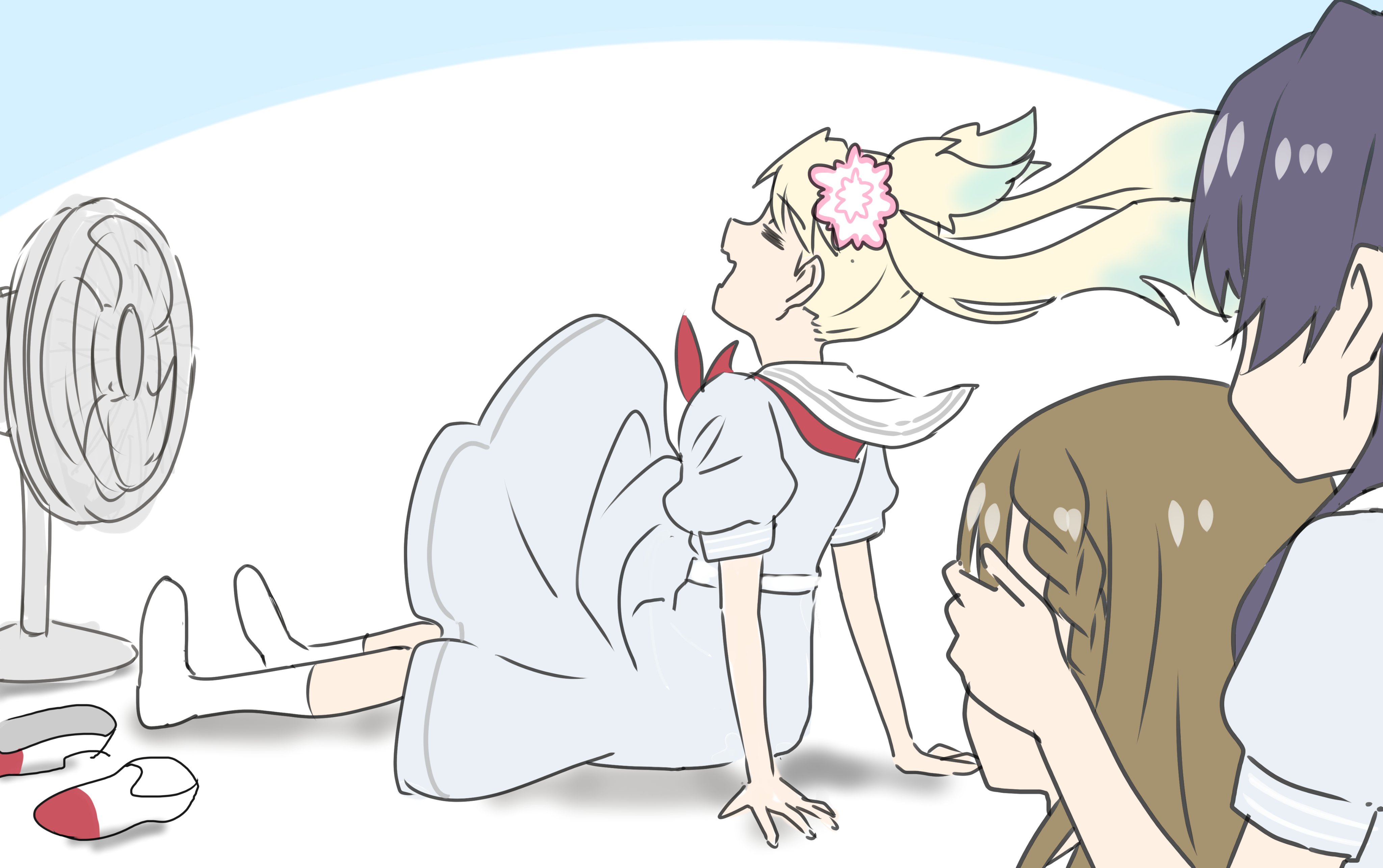 hagisiri kuma, kachimachi kosuzu, murano sayaka, osawa rurino, link! like! love live!, love live!, absurdres, commentary request, highres, 3girls, = =, arm support, blonde hair, blue hair, braid, brown hair, closed eyes, covering another's eyes, dress, electric fan, fang, floating clothes, floating hair, flower, gradient hair, grey dress, hair flower, hair ornament, hasu no sora school uniform, long hair, multicolored hair, multiple girls, neckerchief, on floor, open mouth, pink flower, profile, puffy short sleeves, puffy sleeves, red neckerchief, red shoes, sailor collar, sailor dress, school uniform, shoes, short sleeves, side braids, simple background, sitting, skin fang, socks, summer uniform, twintails, unworn shoes, uwabaki, virtual youtuber, white background, white sailor collar, white socks, wind, wind lift