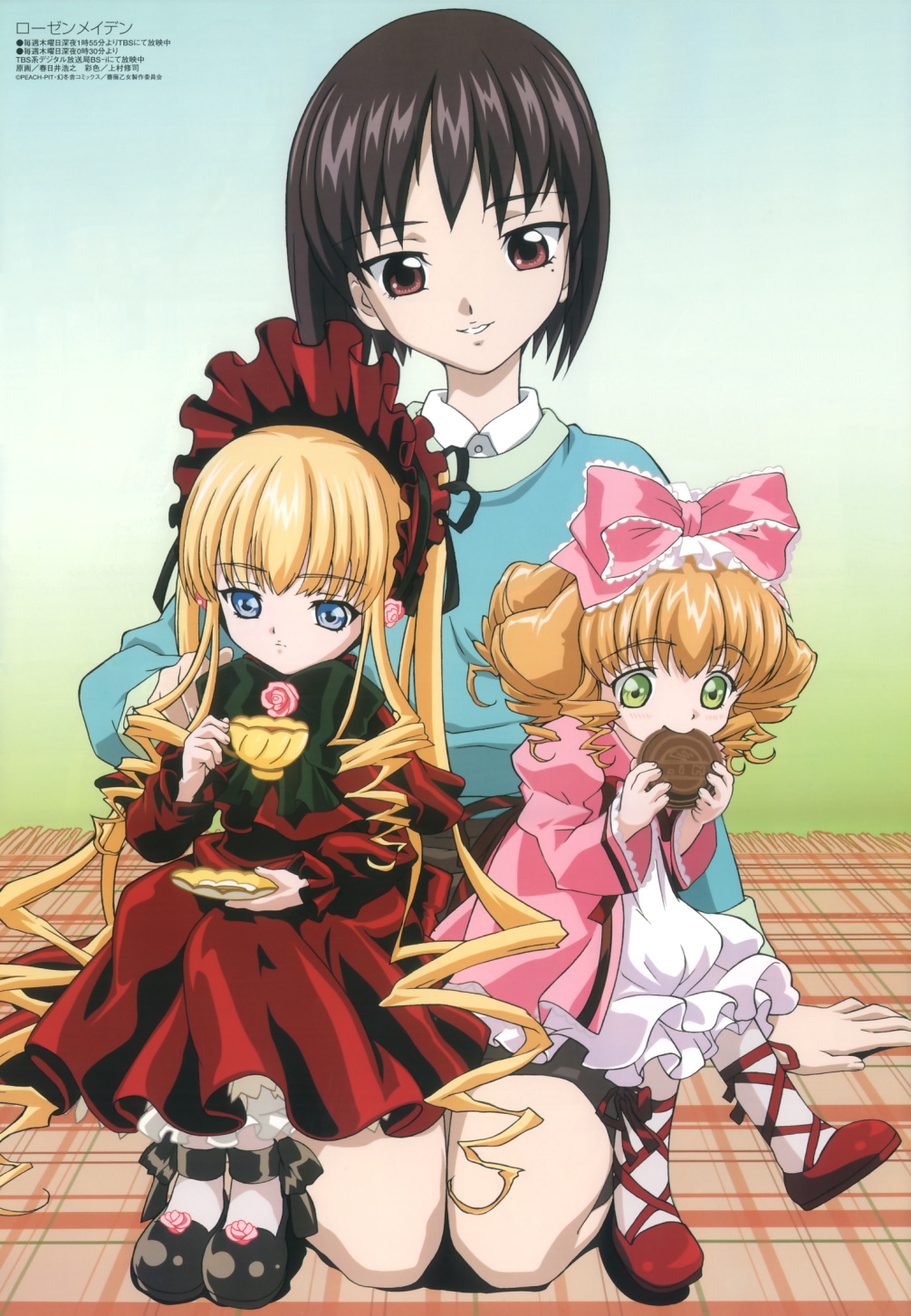 kasugai hiroyuki, hinaichigo, kashiwaba tomoe, shinku, megami magazine, rozen maiden, black footwear, cross-laced footwear, plaid, red footwear, highres, official art, scan, 00s, 3girls, arm support, black hair, blonde hair, bloomers, blue eyes, blush, bonnet, bow, bowtie, collared shirt, cup, doll, dress, drill hair, eating, expressionless, flower, food, frills, gothic lolita, gradient background, green eyes, grin, hair bow, hand on another's shoulder, holding, holding cup, holding saucer, juliet sleeves, kneeling, lace, lolita fashion, long hair, long sleeves, mole, mole under eye, multiple girls, orange hair, parted bangs, pencil skirt, pink bow, pink eyes, pink flower, pink rose, puffy long sleeves, puffy sleeves, ribbon, rose, rug, saucer, seiza, shirt, shoes, short hair, sidelocks, sitting, sitting on lap, sitting on person, skirt, sleeve cuffs, smile, sweater, tea, teacup, thigh gap, twin drills, underwear, very long hair, white bloomers