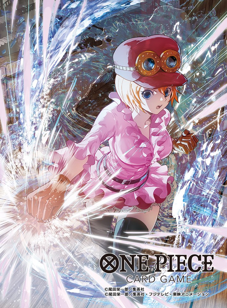 moreshan, koala (one piece), one piece, one piece card game, commentary request, official art, 1girl, attack, black thighhighs, blue eyes, clenched hands, copyright name, frilled shirt, frills, goggles, goggles on headwear, hat, looking at viewer, open mouth, pink shirt, shirt, short hair, skirt, solo, thighhighs, water