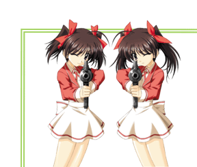 hinagiku lala, hinagiku lulu, futakoi, lowres, 00s, 2girls, aiming, aiming at viewer, gun, holding, holding gun, holding weapon, long sleeves, multiple girls, one eye closed, ribbon, school uniform, serafuku, siblings, sisters, twins, twintails, weapon, wink
