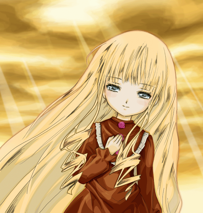 saiguchi otoufu, shinku, rozen maiden, 00s, 1girl, blonde hair, blue eyes, dress, female focus, flower, hand on own chest, long hair, long sleeves, rose, smile, solo, sunburst, very long hair