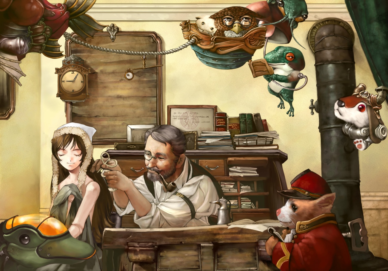 jisol (song jewheon), rozen, suiseiseki, rozen maiden, third-party edit, 00s, 1boy, 1girl, analog clock, animal, beard, bird, book, brown hair, clock, clockwork, clothed animal, desk, doll, doll joints, dolphin, duck, facial hair, frog, glasses, headscarf, heterochromia, indoors, joints, key, long sleeves, monocle, owl, pipe in mouth, roman numeral, sleeve garter, smoking pipe, wall clock, white headscarf, winding key