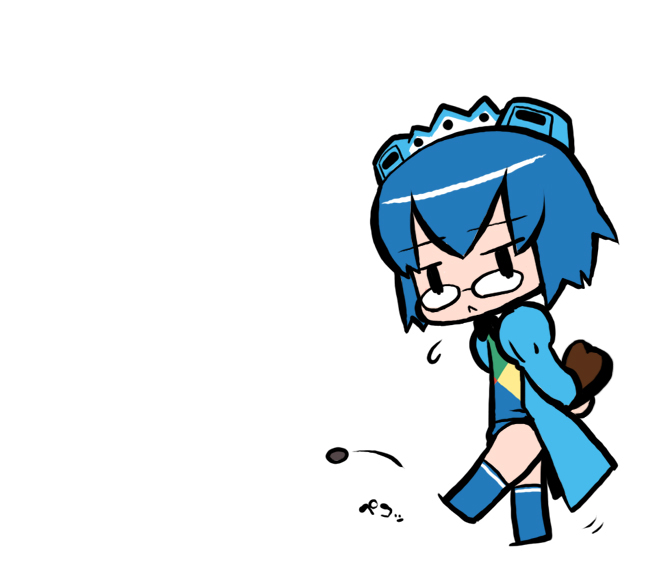 2k-tan, os-tan, 1girl, :<, arms behind back, black eyes, blue hair, blue thighhighs, candy, chibi, chocolate, chocolate heart, female focus, food, glasses, hairband, heart, kicking, long sleeves, short hair, solo, thighhighs