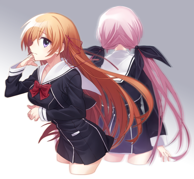 wada chiyon, kurusu nono, minamisawa senri, onoe serika, chaos;child, science adventure, 2girls, bare legs, bow, breasts, buttons, chest bow, cropped jacket, double-breasted, dress, dress vest, from behind, hair ribbon, hekiho academy school uniform, long hair, long sleeves, low twintails, medium breasts, miniskirt, multiple girls, nape, pink hair, red bow, red ribbon, ribbon, sailor collar, school uniform, skirt, thighs, twintails, very long hair, white sailor collar