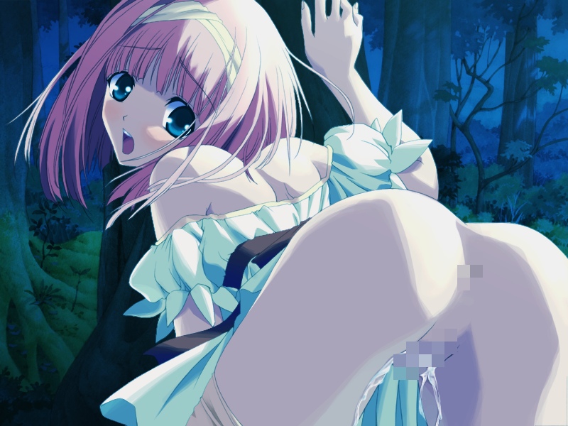 little (artist), oyayubi-hime, thumbelina (andersen), andersen's fairy tales, kagami no naka no orgel, game cg, 1girl, against tree, anus, ass, bent over, blue eyes, censored, cum, dress, female focus, from behind, hairband, hanayomenourawaza, looking at viewer, looking back, mosaic censoring, nature, night, open mouth, outdoors, pink hair, presenting, pussy, pussy juice, short hair, solo, thighhighs, tree, white thighhighs