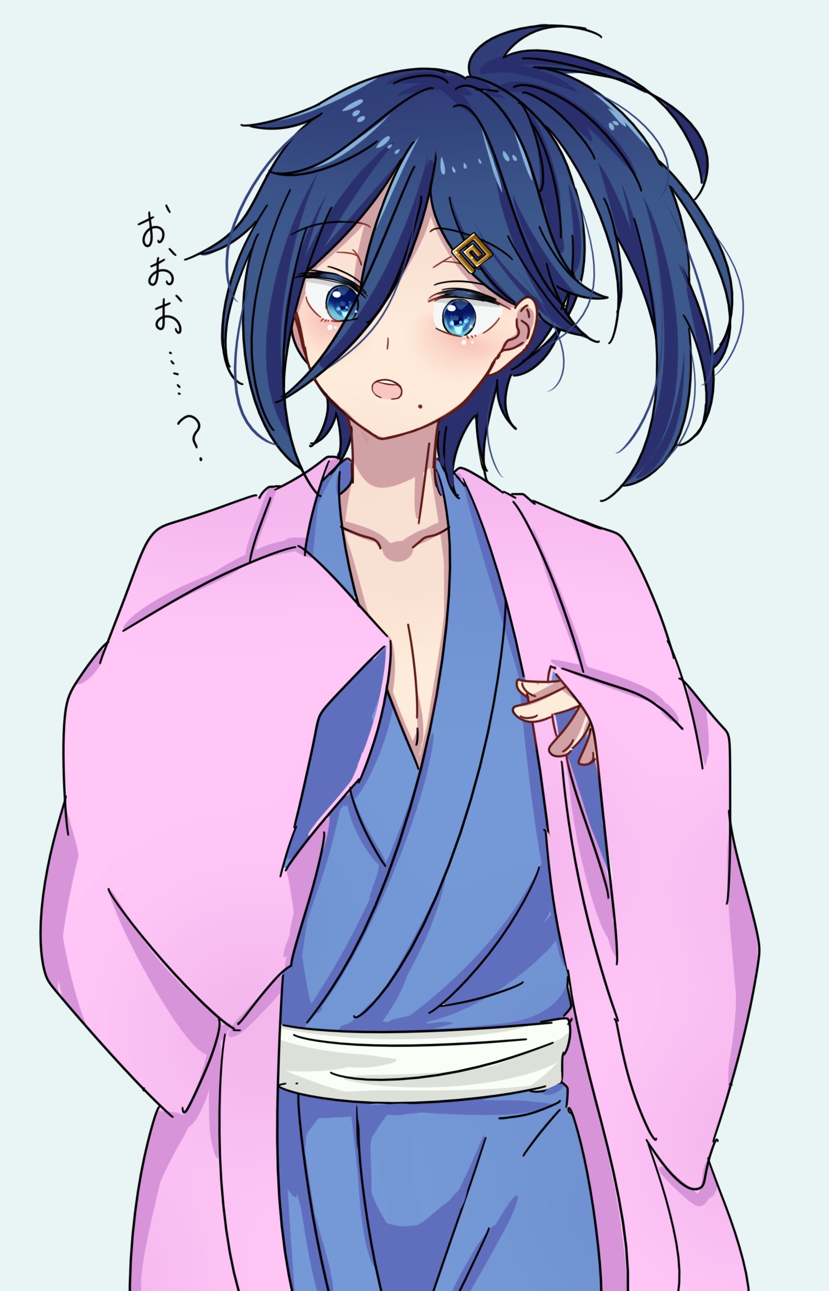 cecilus segmunt, re:zero kara hajimeru isekai seikatsu, absurdres, highres, ahoge, blue eyes, blue hair, blush, confused, hair ornament, hair over one eye, japanese clothes, kimono, layered clothes, long hair, looking at viewer, mole, mole under mouth, open mouth, oshi suko1, ponytail, raised eyebrows, sash, simple background, surprised, text background, upper body, yukata