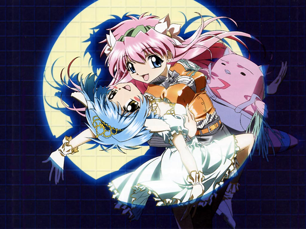 milfeulle sakuraba, mint blancmanche, normad, broccoli (company), galaxy angel, anime screenshot, 00s, 2girls, arm around back, blue hair, bow, bowtie, crown, dancing, dress, earrings, frilled dress, frills, gloves, hat, jewelry, leaning back, long hair, multiple girls, outstretched arms, pink hair, spotlight, spread arms, tiara, yuri