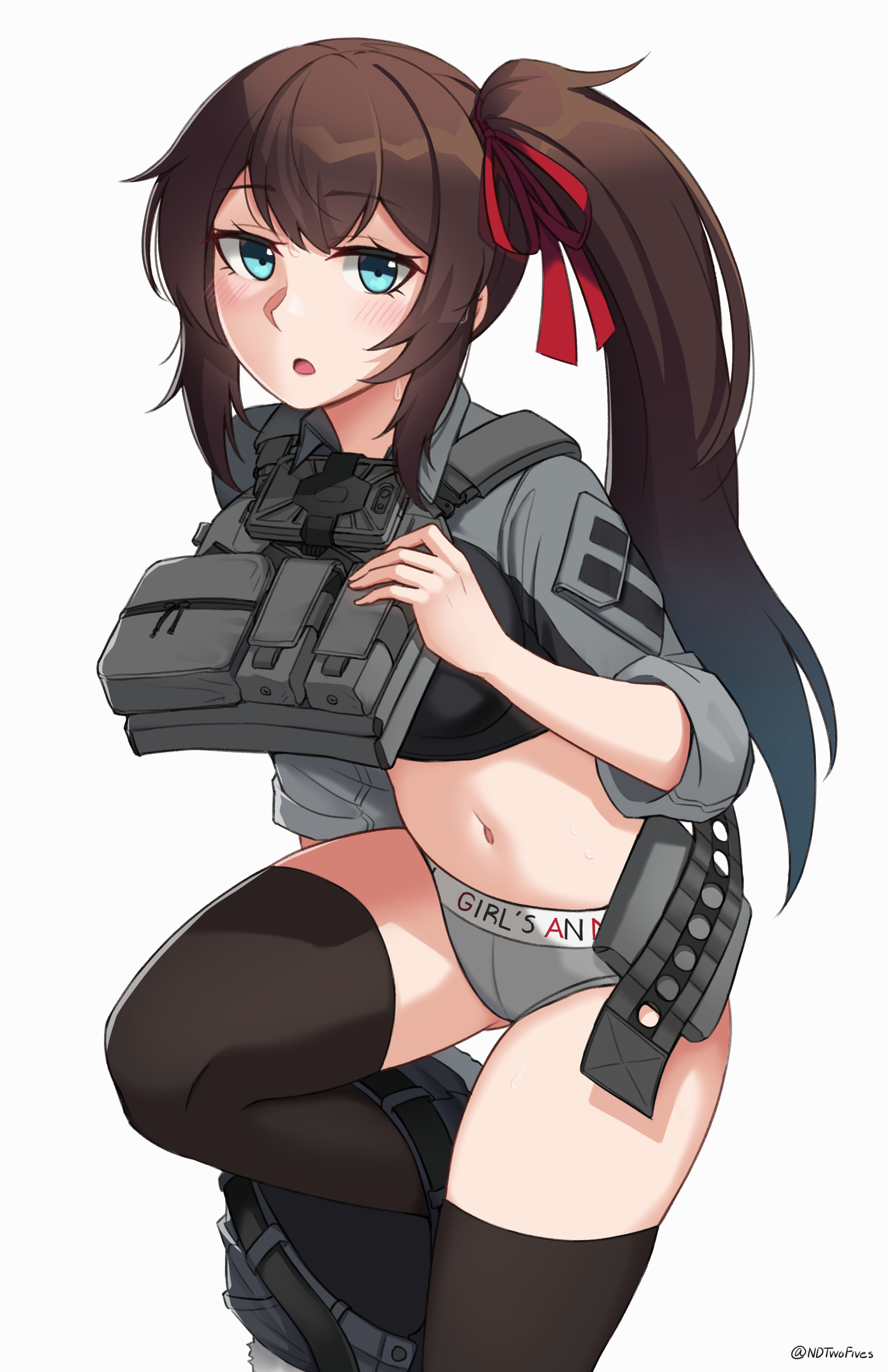 ndtwofives, termichan (not-a-bot), original, absurdres, commentary, commission, english commentary, highres, 1girl, belt, black thighhighs, blue eyes, blush, brown hair, bulletproof vest, cropped shirt, hair between eyes, hair ribbon, long bangs, midriff, open belt, panties, ponytail, ribbon, short shorts, shorts, side ponytail, tactical clothes, thighhighs, underwear, undressing