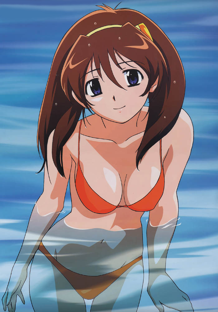hirayama takaaki, nanase narue, narue no sekai, 1girl, bikini, breasts, brown hair, cleavage, female focus, looking at viewer, medium breasts, navel, orange bikini, partially submerged, smile, solo, string bikini, swimsuit, thigh gap, wading, water, wet, wet hair