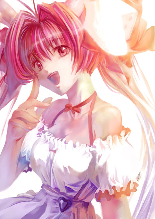 usada hikaru, di gi charat, 1girl, animal ears, breasts, cleavage, dice, dice hair ornament, dress, female focus, hair ornament, hair ribbon, large breasts, long hair, pink eyes, pink hair, rabbit ears, ribbon, solo, twintails