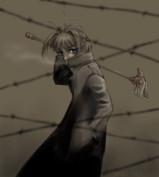 bang-you, kinomoto sakura, cardcaptor sakura, 1990s (style), 1girl, alternate costume, antenna hair, barbed wire, blurry, breath, carrying, child, coat, dark, depth of field, female focus, from side, fuuin no tsue, hair bobbles, hair ornament, hand in pocket, long sleeves, looking at viewer, looking to the side, monochrome, out of character, over shoulder, retro artstyle, sepia, shoulder carry, signature, solo, staff, trench coat, weapon, weapon over shoulder