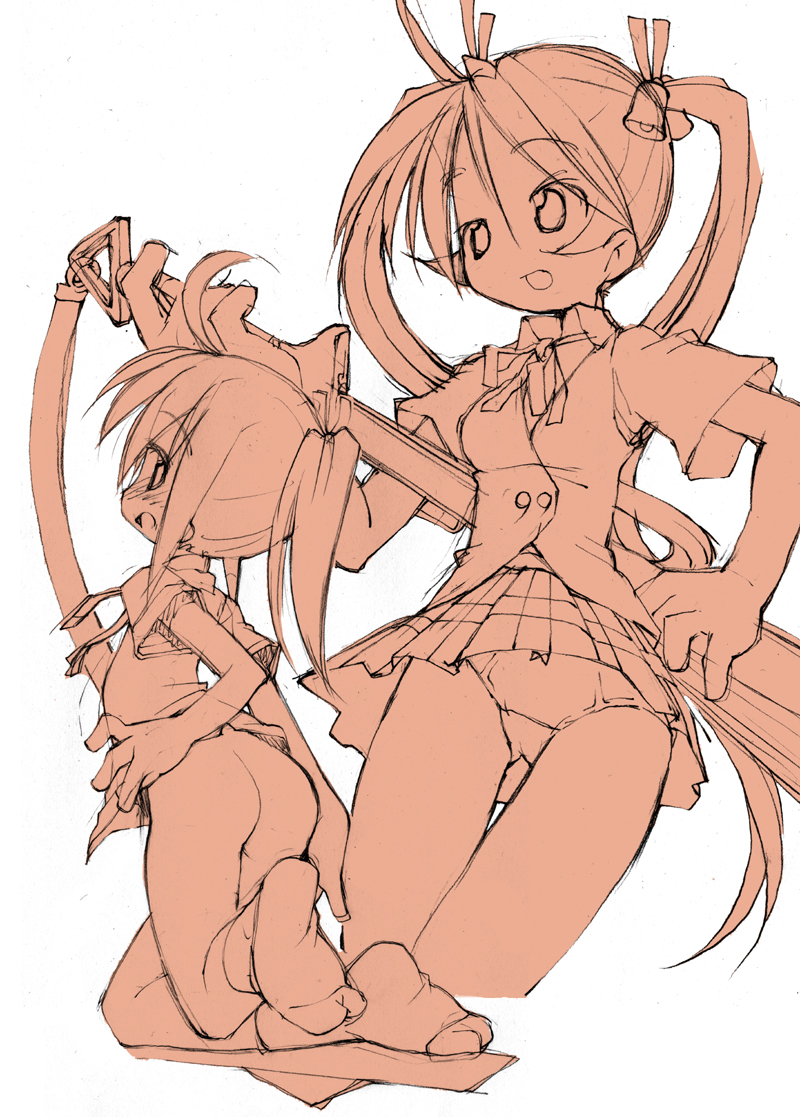 heppokokun, kagurazaka asuna, miyazaki nodoka, mahou sensei negima!, 00s, 2girls, ass, bell, blush, chibi, chibi only, ensis exorcizans, hair bell, hair ornament, hand fan, harisen, long hair, mahora academy middle school uniform, monochrome, multiple girls, no panties, school uniform, socks, twintails, weapon
