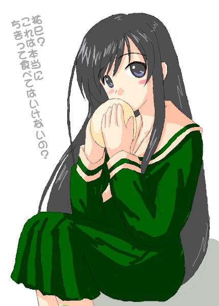 arumi (arumikan), ogasawara sachiko, maria-sama ga miteru, translated, 00s, 1girl, black hair, blue eyes, blush, dress, female focus, food, green dress, long hair, long sleeves, pleated dress, pleated skirt, school uniform, serafuku, simple background, sitting, skirt, solo, steamed bun