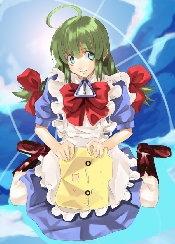 kabocha, kabocha (monkey4), me-tan, os-tan, !, 1girl, :3, ahoge, apron, aqua eyes, boots, bow, braid, dress, female focus, green hair, hair bow, long hair, sitting, smile, solo, twin braids, wariza