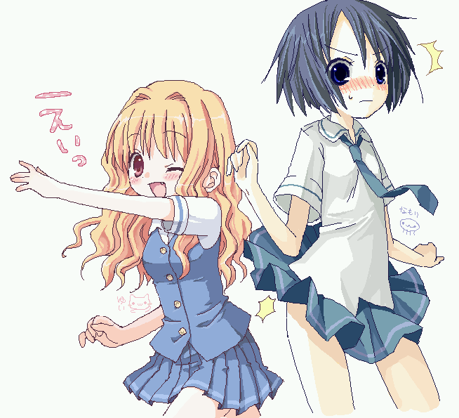kiri, namori, sakura kiri, yamanobe miki, cross channel, 2girls, ;d, ^^^, assisted exposure, black hair, blonde hair, blouse, blue eyes, blue hair, blush, brown eyes, clothes lift, crosschannel, embarrassed, fang, hair intakes, long hair, multiple girls, necktie, nose blush, oekaki, one eye closed, open mouth, pleated skirt, school uniform, serafuku, shirt, short hair, skirt, skirt flip, skirt lift, smile, vest, white shirt, wink