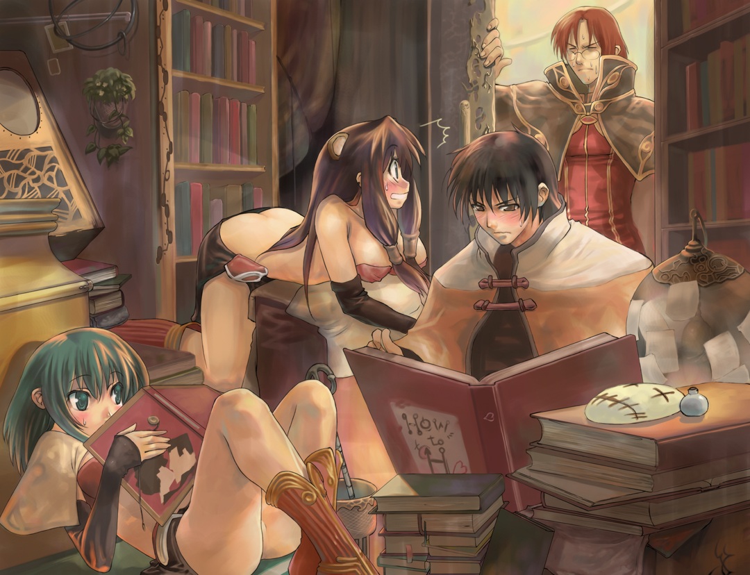 morii shizuki, mage (ragnarok online), wizard (ragnarok online), ragnarok online, 2boys, 2girls, animal ears, ass, bear ears, black hair, book, boots, breasts, brown hair, butt crack, cloak, downpants, glasses, large breasts, library, long hair, multiple boys, multiple girls, no panties, pelvic curtain, round eyewear, walk-in, wizard