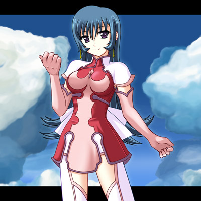 hyokkori tamago, kotona elegance, zoids, zoids genesis, lowres, 00s, 1girl, aqua hair, cloud, day, dress, elbow gloves, female focus, gloves, long hair, pink gloves, pink thighhighs, purple eyes, smile, solo, thighhighs